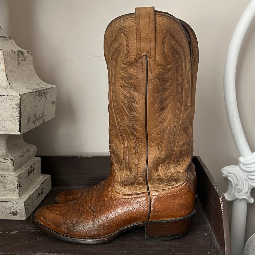 Men's Vintage Nocona Tan Leather Western Cowboy Boots with Classic Stitching.